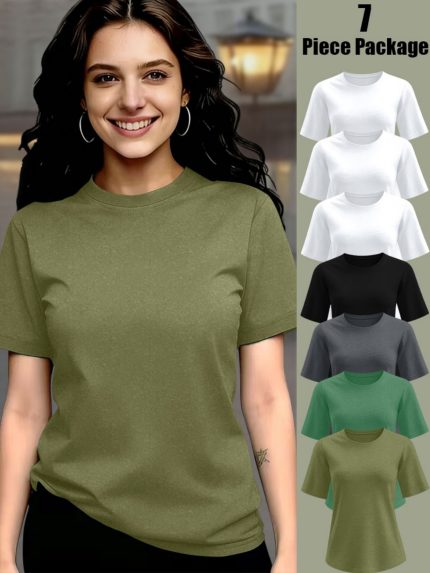 Targeted - Bestseller Extension: Bestseller Comfort Solid Color 7pcs Set of Viscose Short Sleeves - Soft Casual Short Sleeves, Comfortable Women's Daily Wear Streetwear