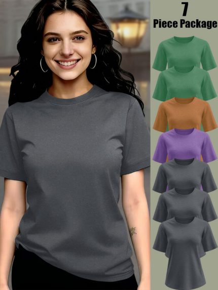 Targeted - Bestseller Extension: Bestseller Comfort Solid Color 7pcs Set of Viscose Short Sleeves - Soft Casual Short Sleeves, Comfortable Women's Daily Wear Streetwear