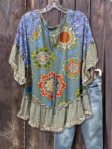 Mixed Floral Print Loose Top, Leopard Print Patchwork, Flared Three-quarter Sleeves, Women's Clothing