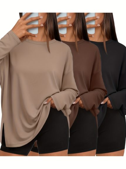 Oversized Three-Piece Women's Comfortable Loose-Fit Top Casual Basic Side Slit Shirt Long Sleeve Round Neck T-Shirt