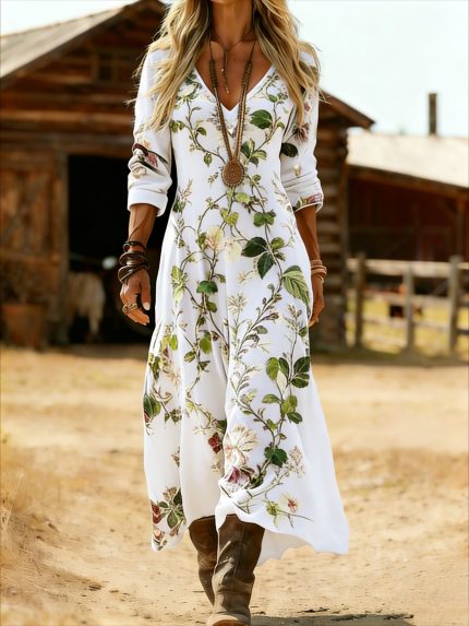 Women's Vintage Printed Long-sleeved V-neck Dress, Featuring An Elegant Ethnic Style and Perfect for Spring and Summer. This Comfortable, Loose-fitting, and Casual Dress Is A Versatile Choice for Casual Attire, Dates, and Vacations.