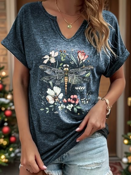 Women's Fashion Vintage Dragonfly and Floral Print T-Shirt - Casual Rolled Sleeves, Notched V-Neck Top, Perfect for Spring and Summer