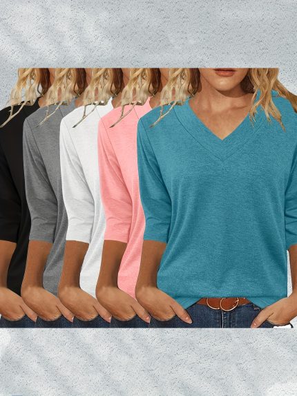 Wilderness Direction 5pcs Springu002FAutumn New Solid Color No Pattern V-Neck 3u002F4 Sleeve Loose Casual Women'S Top Base Layer Comfortable And Fashionable T-Shirt for Springu002FAutumn Daily And Home Wear