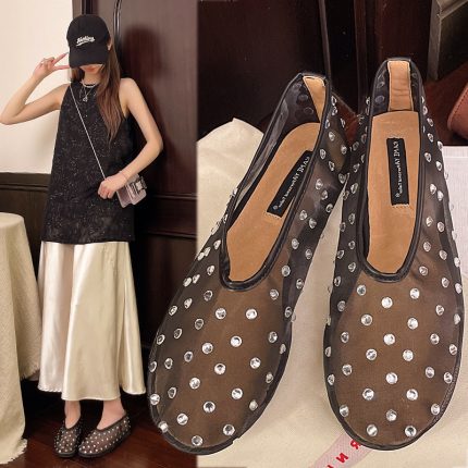 Summer New Niche High-End Mary Jane Shoes, Fairy-Style Mesh Breathable Rhinestone Shallow Flat for Women, Women Shoes