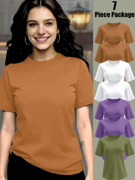 This Popular 7pcs Set Features Soft, Solid-Colored Viscose Short Sleeves, Perfect for Comfortable Everyday Streetwear for Women